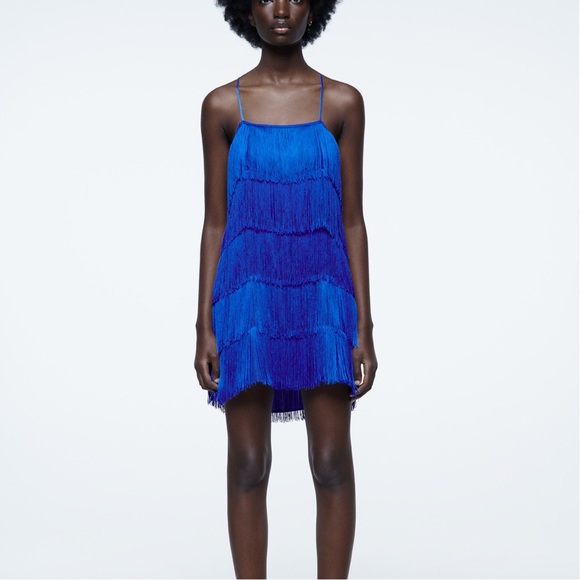 ZARA - Fringed Cobalt Blue Mini Dress - Picture 9 of 14